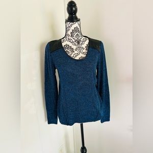 DKNY Jeans Women’s Blue Shimmery Long Sleeve Faux Leather Shoulders Knit Top